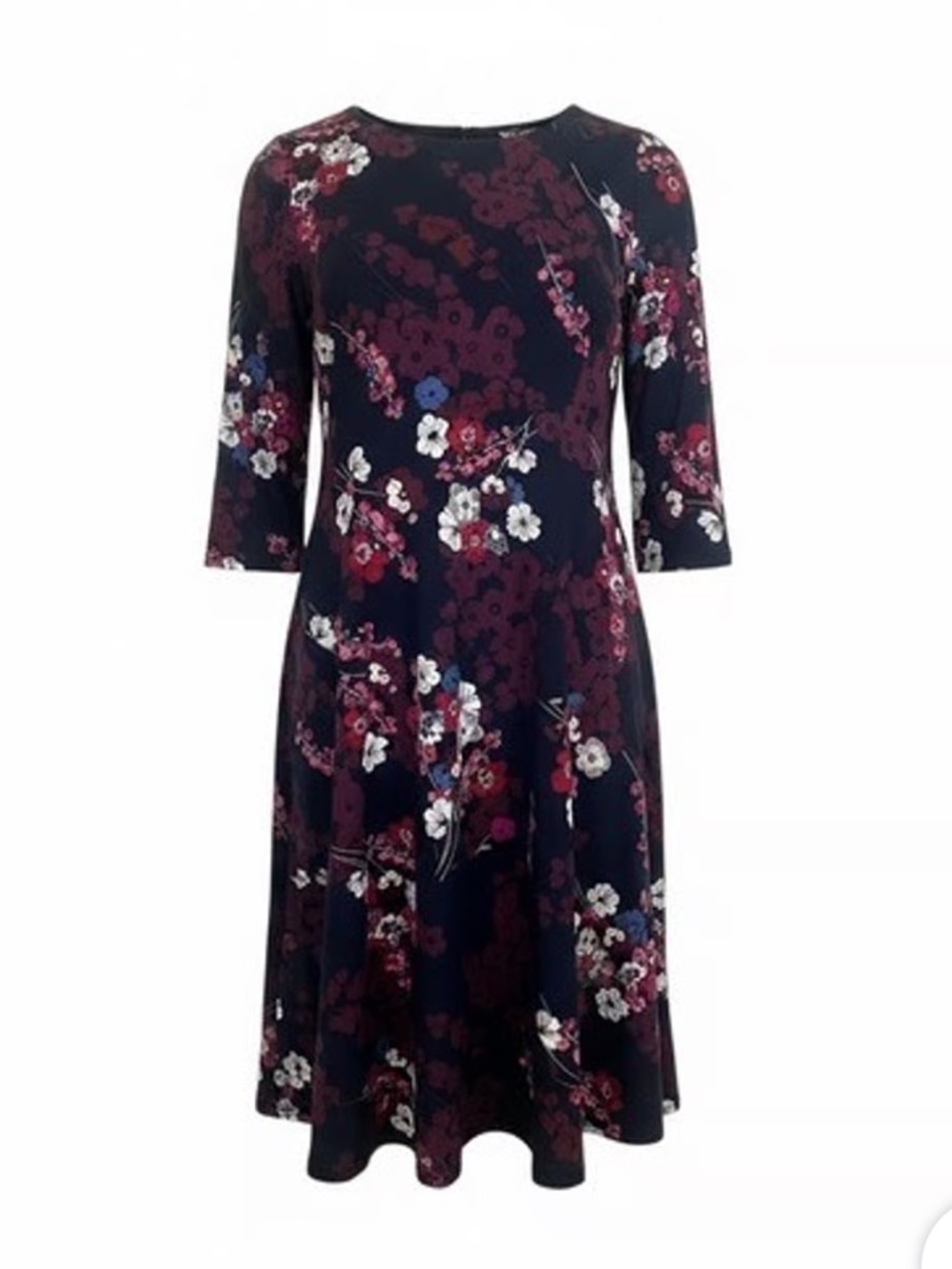 J Jill Navy Floral Print 1/2 Sleeve High Neck Mini Shift Dress Stretch Small